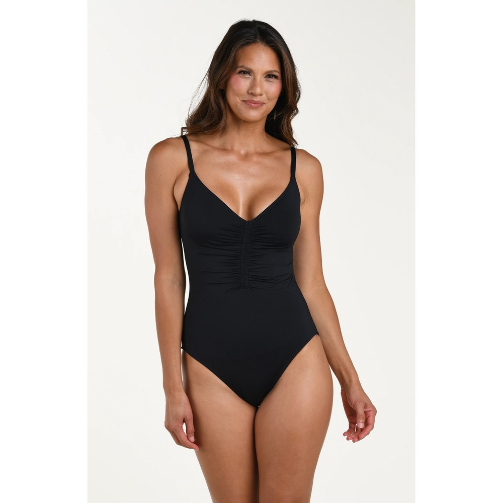 La Blanca Island Goddess Ruched Tummy Control One Piece Swimsuit Black 14 NEW